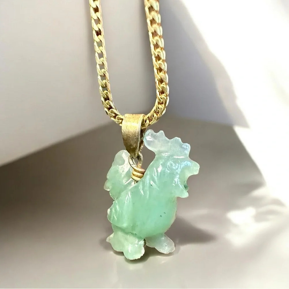 Natural Jade Carved Rooster & Gold Over Sterling Chain (20”) - Picture 5 of 11